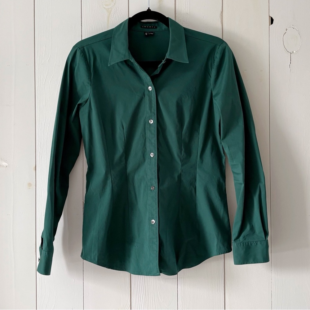 Theory Green Cotton Blend Tailored Button-Up Shirt Size Medium - Picture 9 of 11